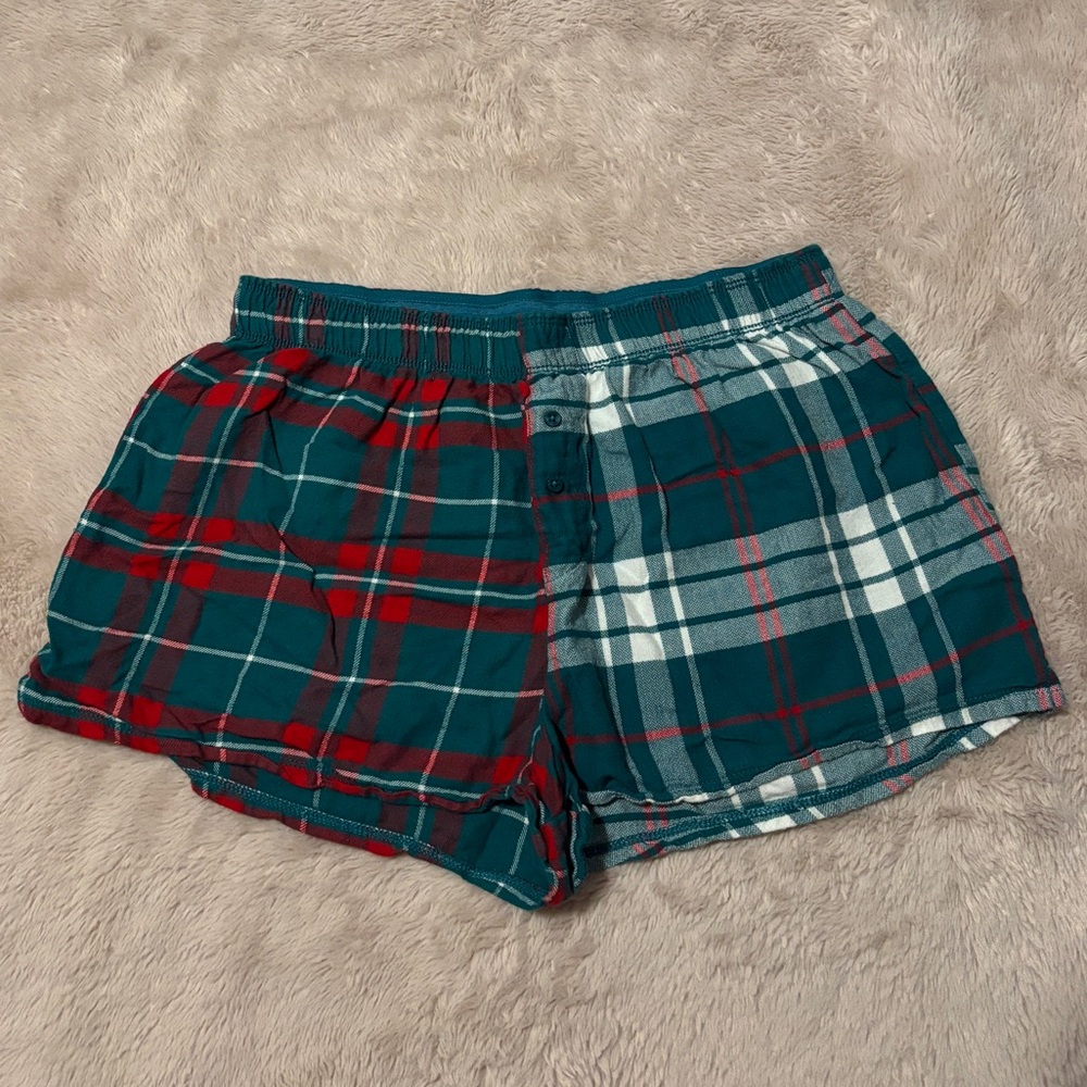 Colsie Pajama Shorts, Aqua, Red, and White plaid pattern, size M